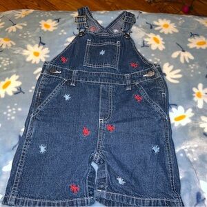 🟢 Gymboree Boys Size 18-24 months Short Overalls Crab Lobster Denim EUC
